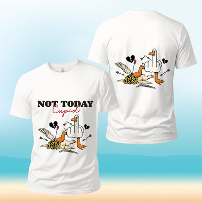 White anti-valentine's day t-shirt featuring a seagull stomping on Cupid design, main view