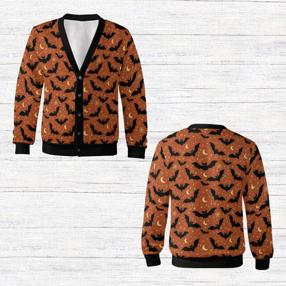 Front view of the bats cardigan featuring moons and stars