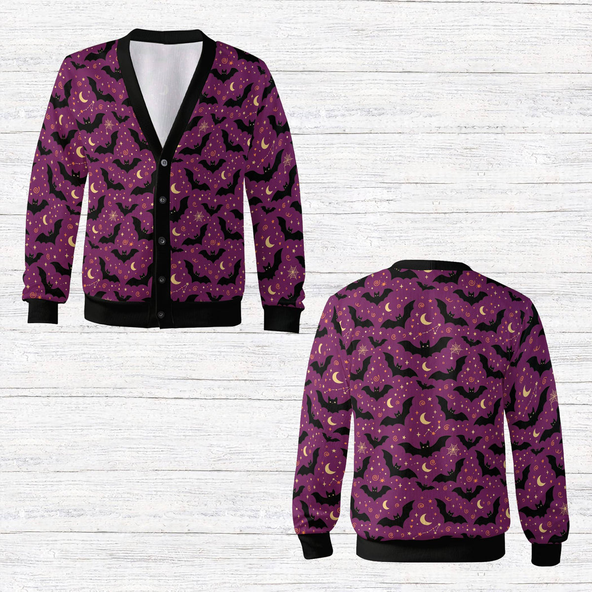 Another front view of the halloween cardigan with bats pattern