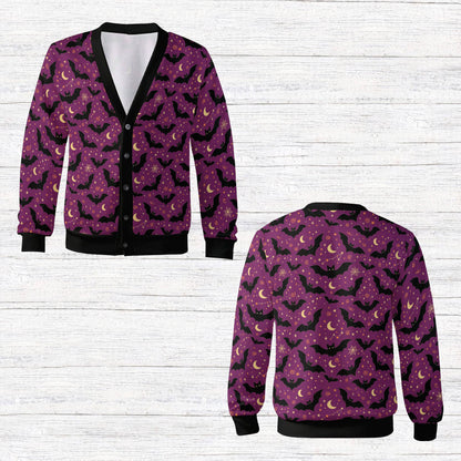 Another front view of the halloween cardigan with bats pattern
