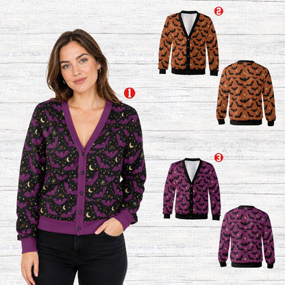 Lifestyle view of someone wearing a playful bats alternative to a red holiday cardigan