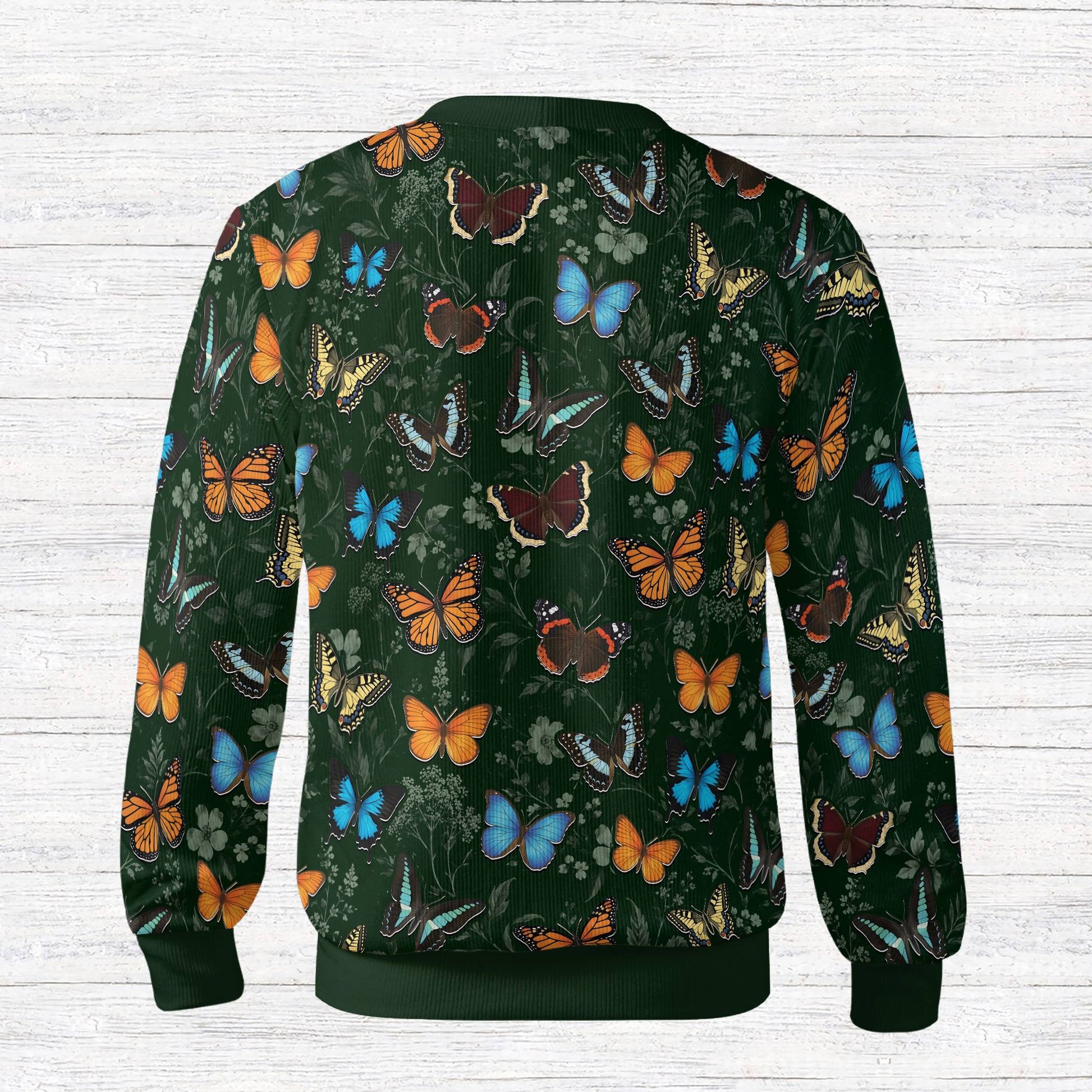 Back view of the vibrant butterfly floral cardigan showing the all-over botanical print