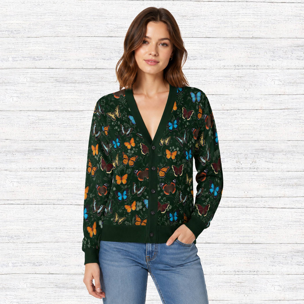 Lifestyle view of someone wearing the matching family cardigan with a butterfly print