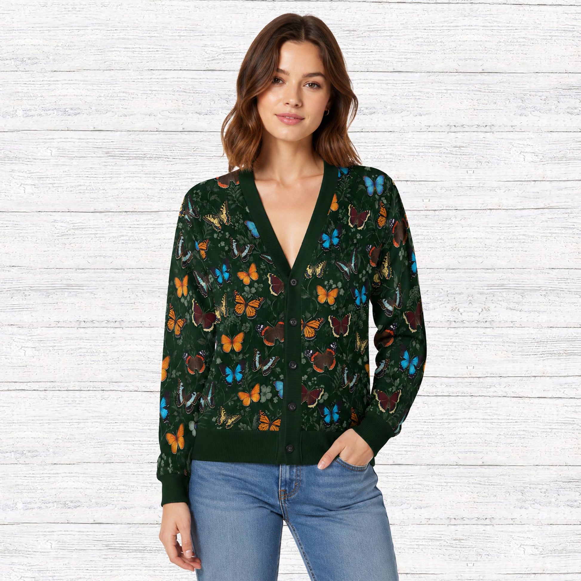 Lifestyle view of someone wearing the matching family cardigan with a butterfly print