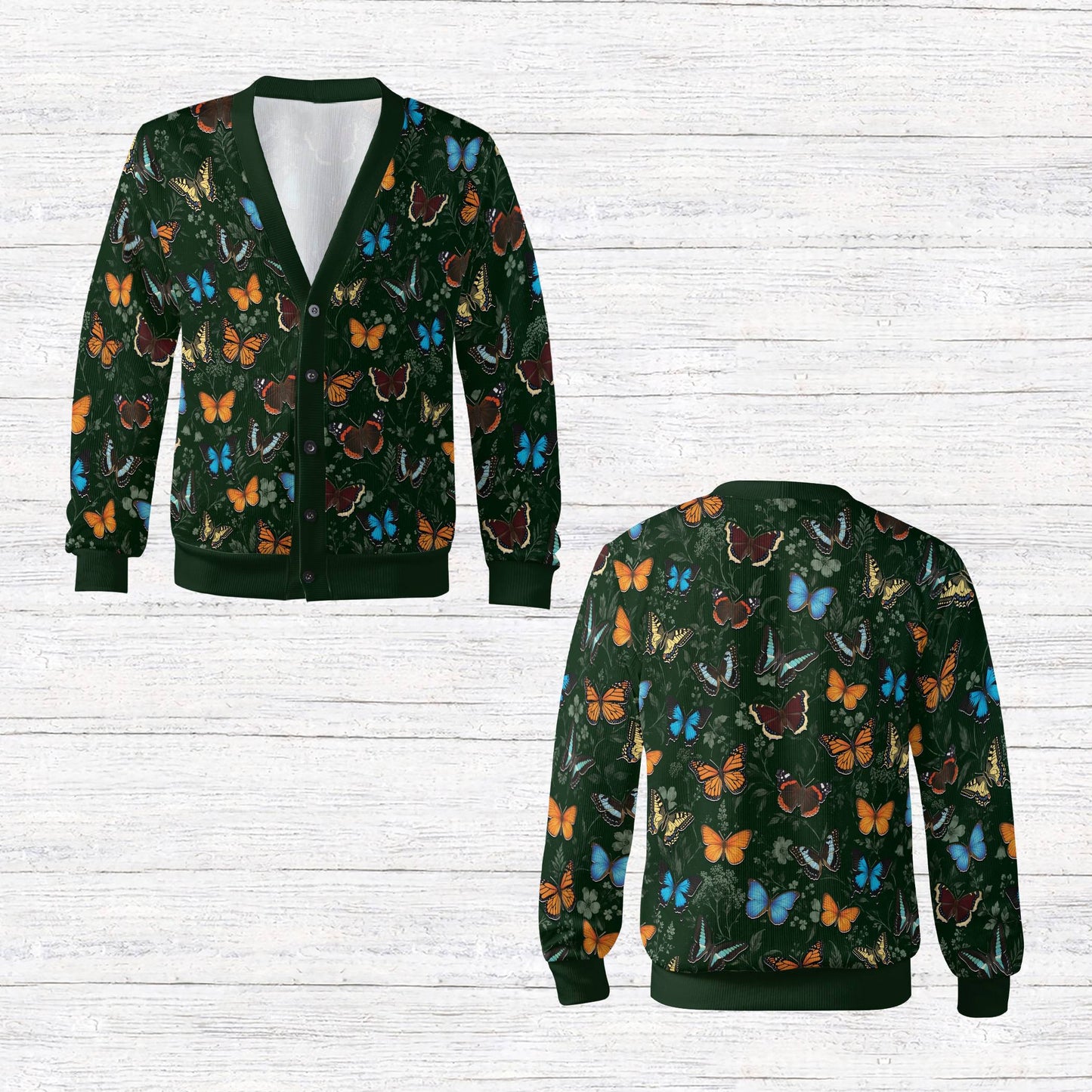 Close-up detail showing the colorful butterflies and dark green fabric of the floral cardigan