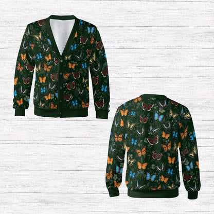 Close-up detail showing the colorful butterflies and dark green fabric of the floral cardigan