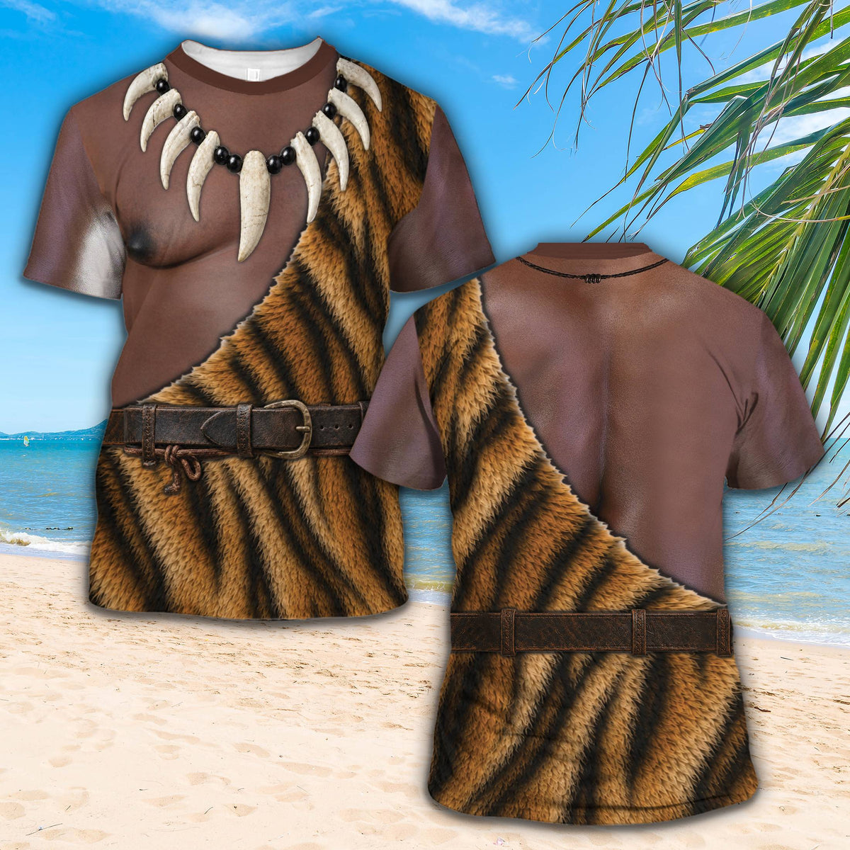 Front view of the brown caveman t-shirt featuring animal print sash