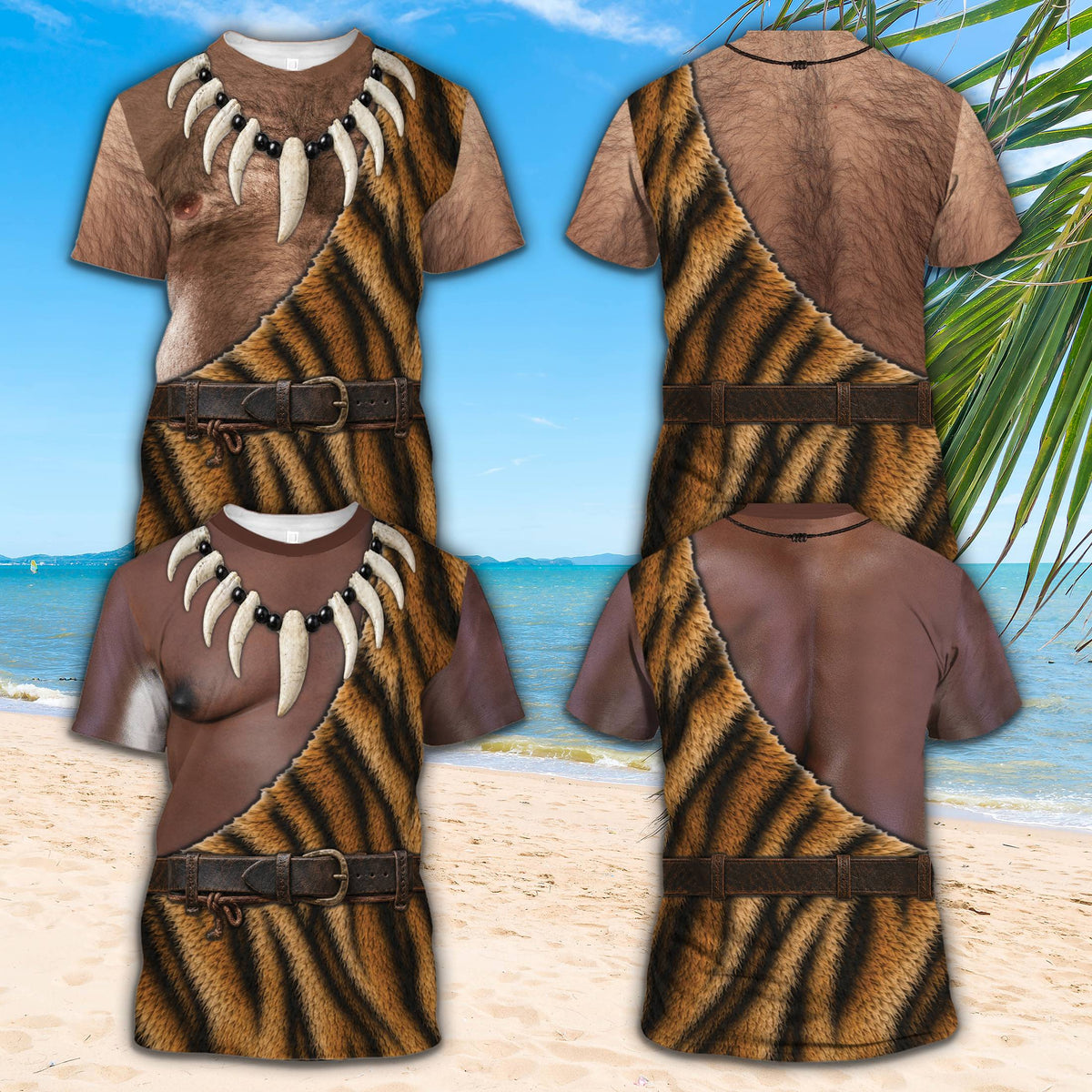 Adult caveman costume t-shirt in brown and orange, front view