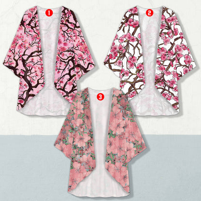 Open-front cherry blossom kimono cardigan showing floral print details