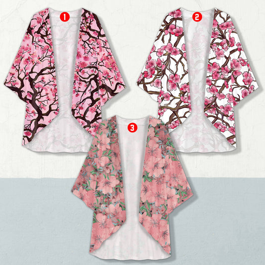 Cherry blossom cardigan in pink and white, front view