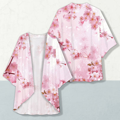 Pink cherry blossom kimono cardigan front angled view