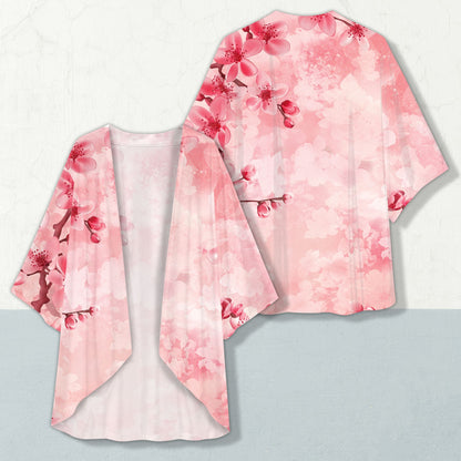 Pink cherry blossom kimono cardigan front close-up view