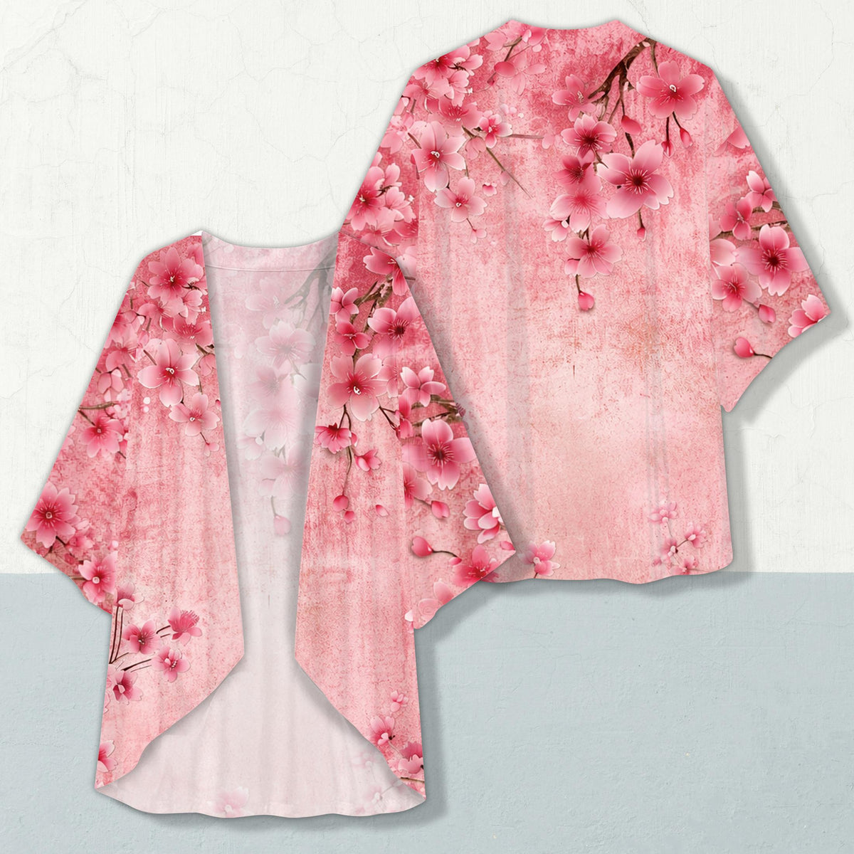 Pink cherry blossom kimono cardigan detailed front view