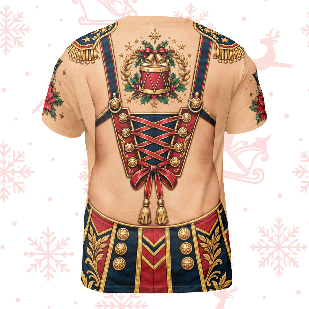 Beige novelty torso christmas t-shirt showing corset detail back view