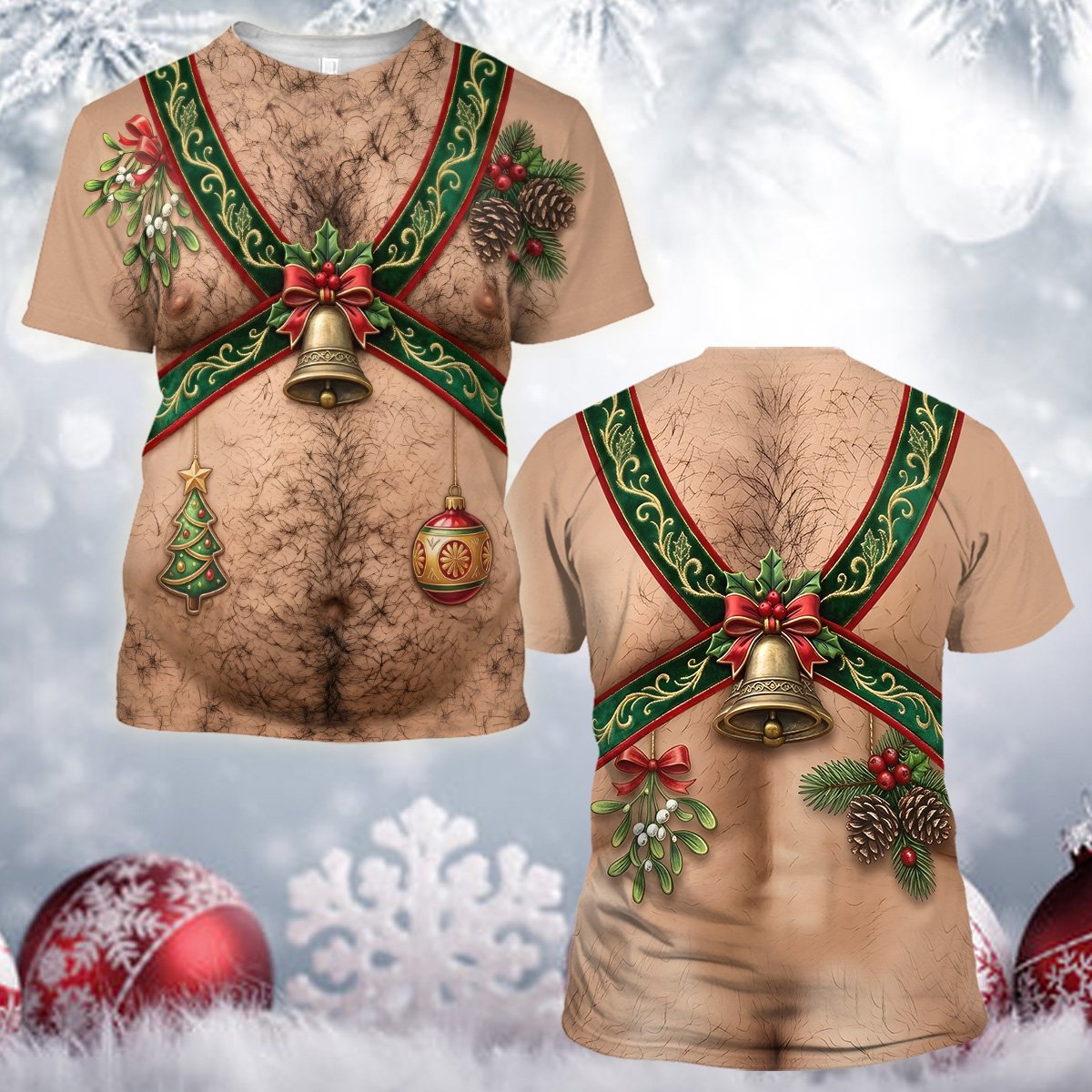 Detailed front view of the printed green and red ribbons on the hairy torso t-shirt