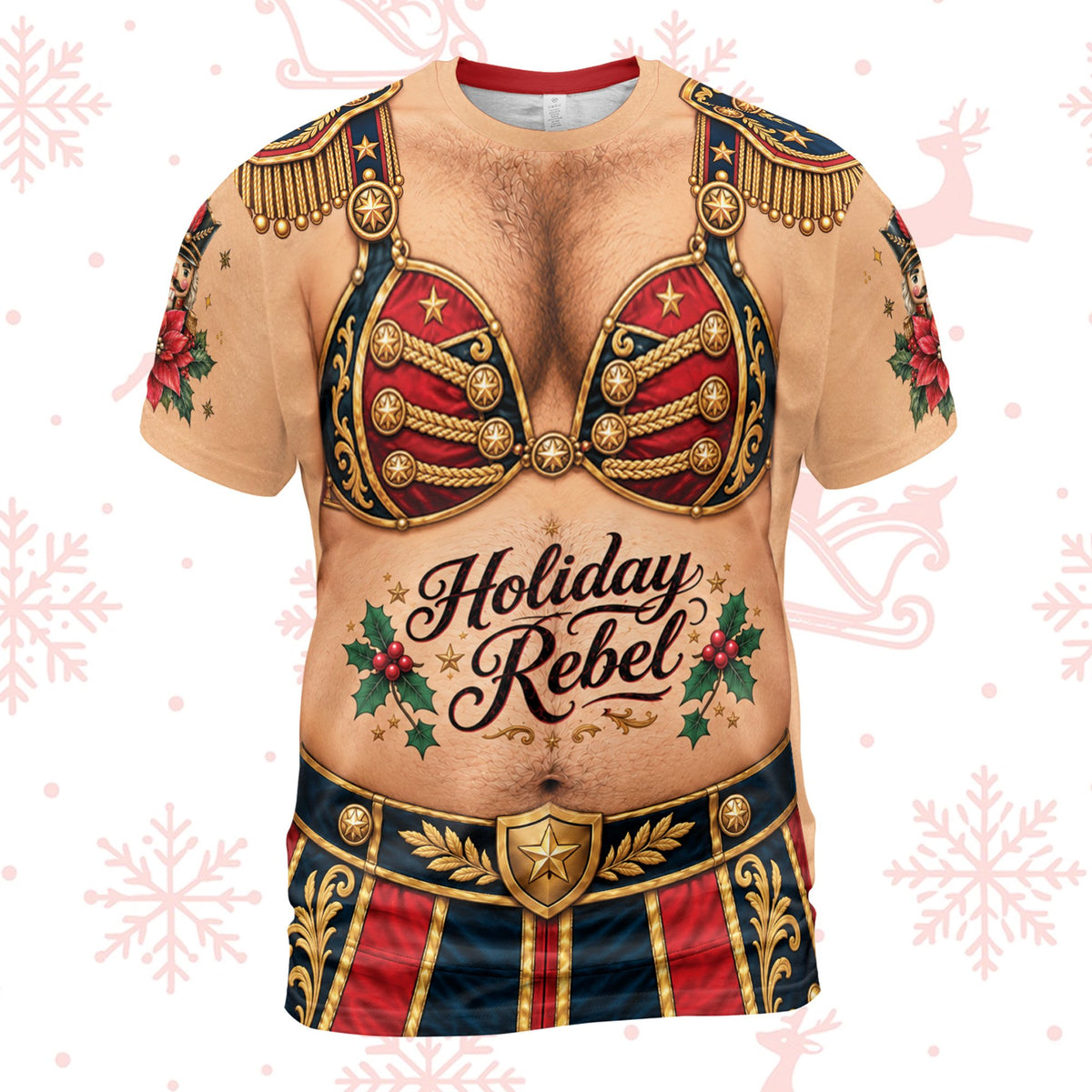 Beige novelty torso christmas t-shirt with Holiday Rebel tattoo graphic front view