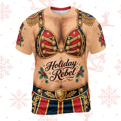 Beige novelty torso christmas t-shirt with Holiday Rebel tattoo graphic front view