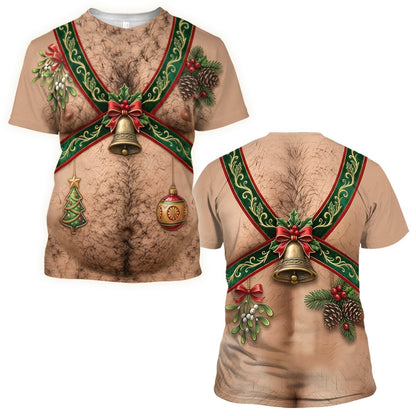 Front view of the realistic hairy torso beige christmas t-shirt