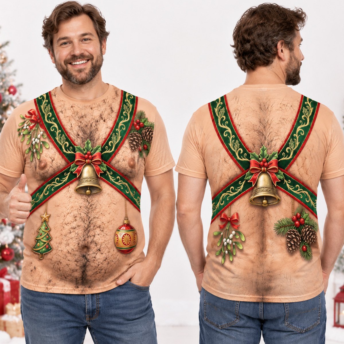 Person wearing the funny hairy torso family t-shirts design outdoors