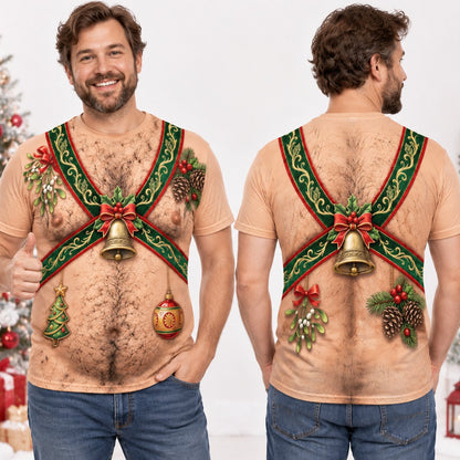 Person wearing the funny hairy torso family t-shirts design outdoors