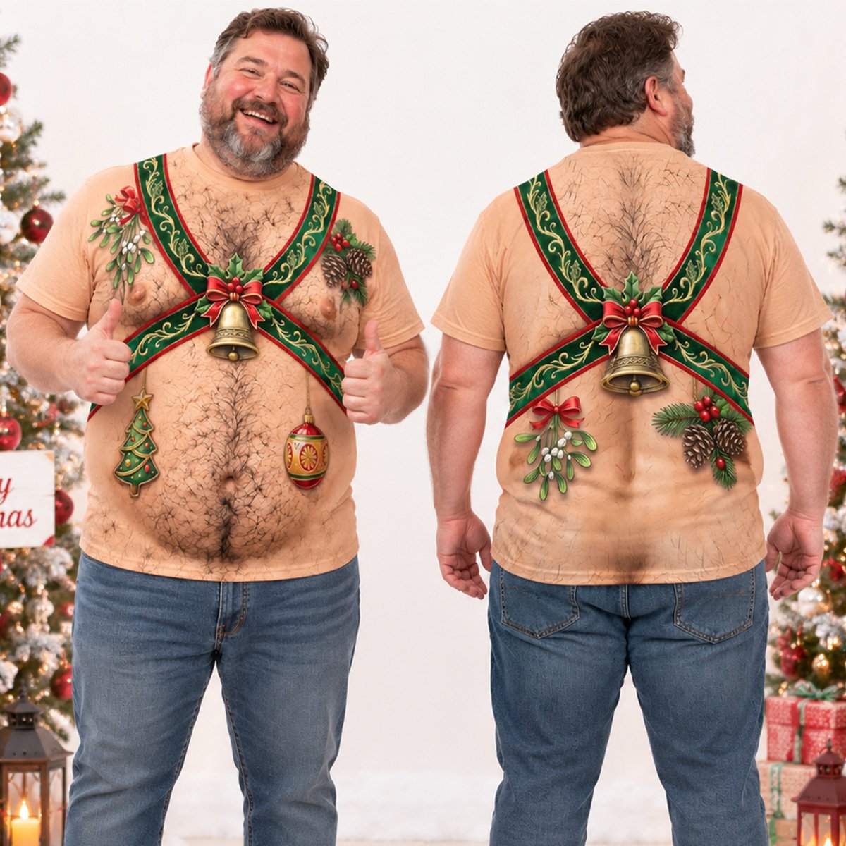 Adult wearing the hilarious hairy torso photo t-shirt at a holiday gathering