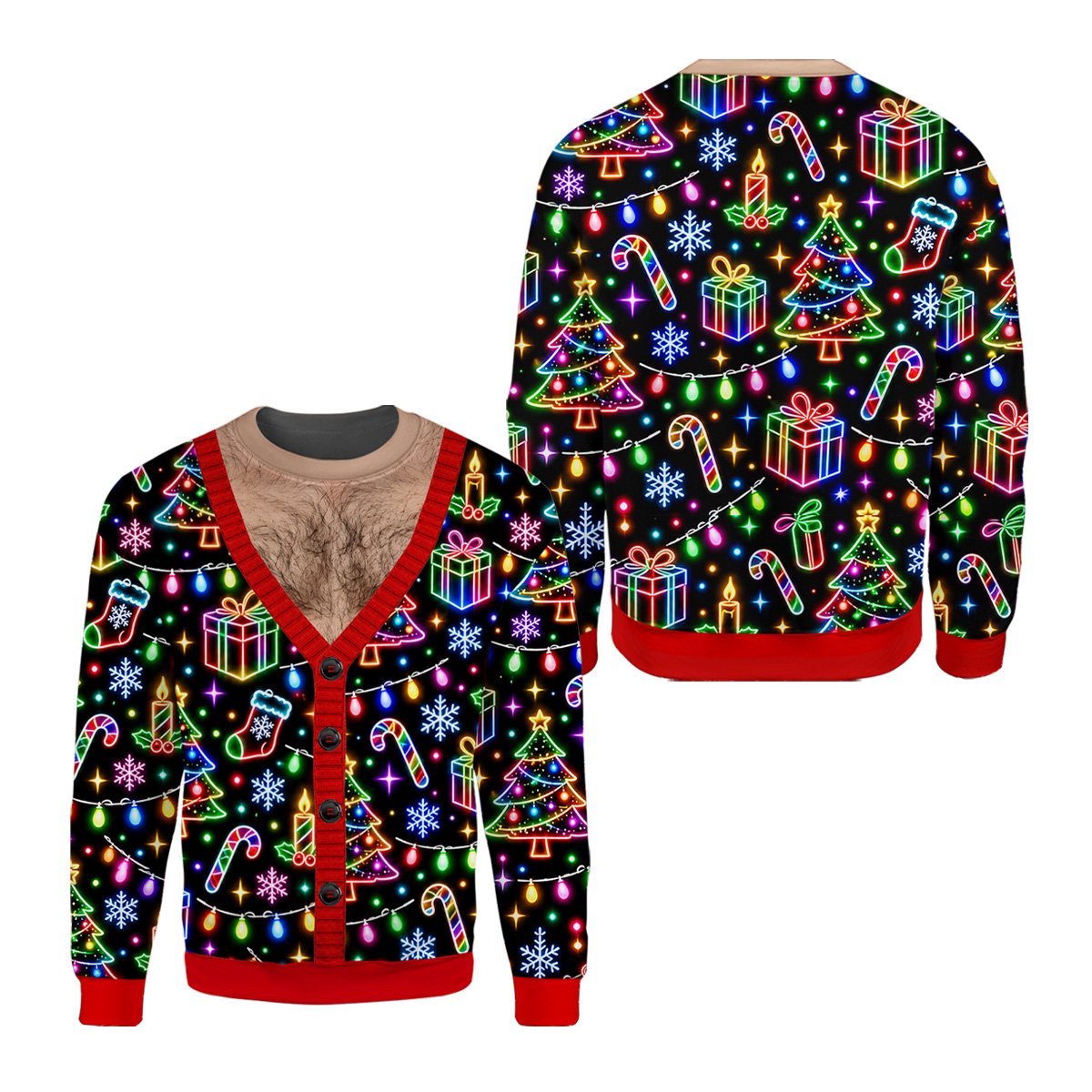 Front view of the black Christmas t-shirt with neon motifs
