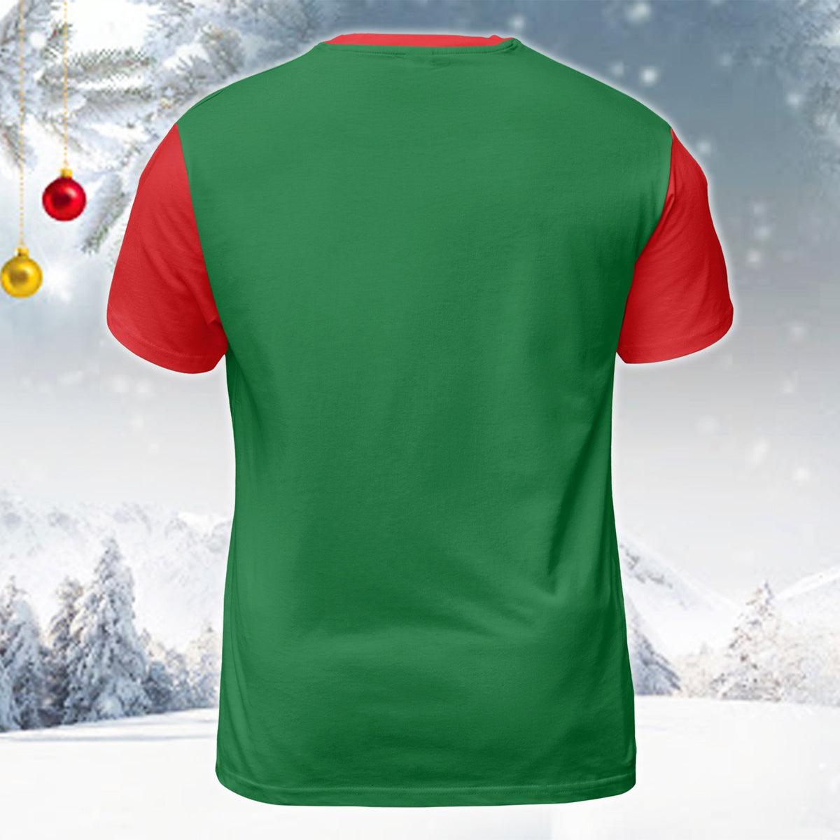 Back view of the green christmas t-shirt on a model