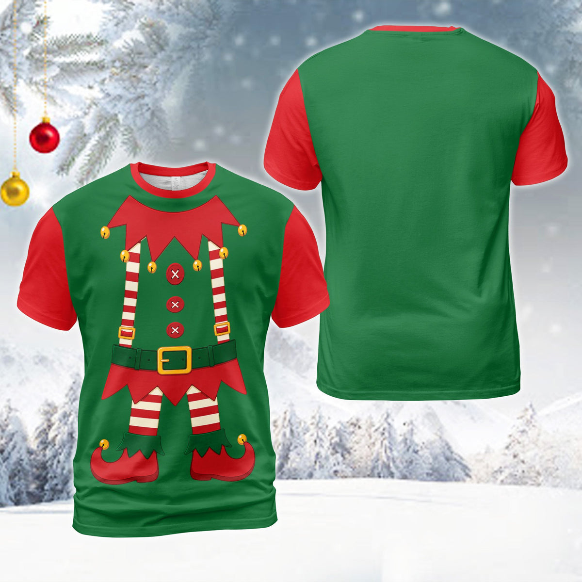 Front view of the green christmas t-shirt on a model