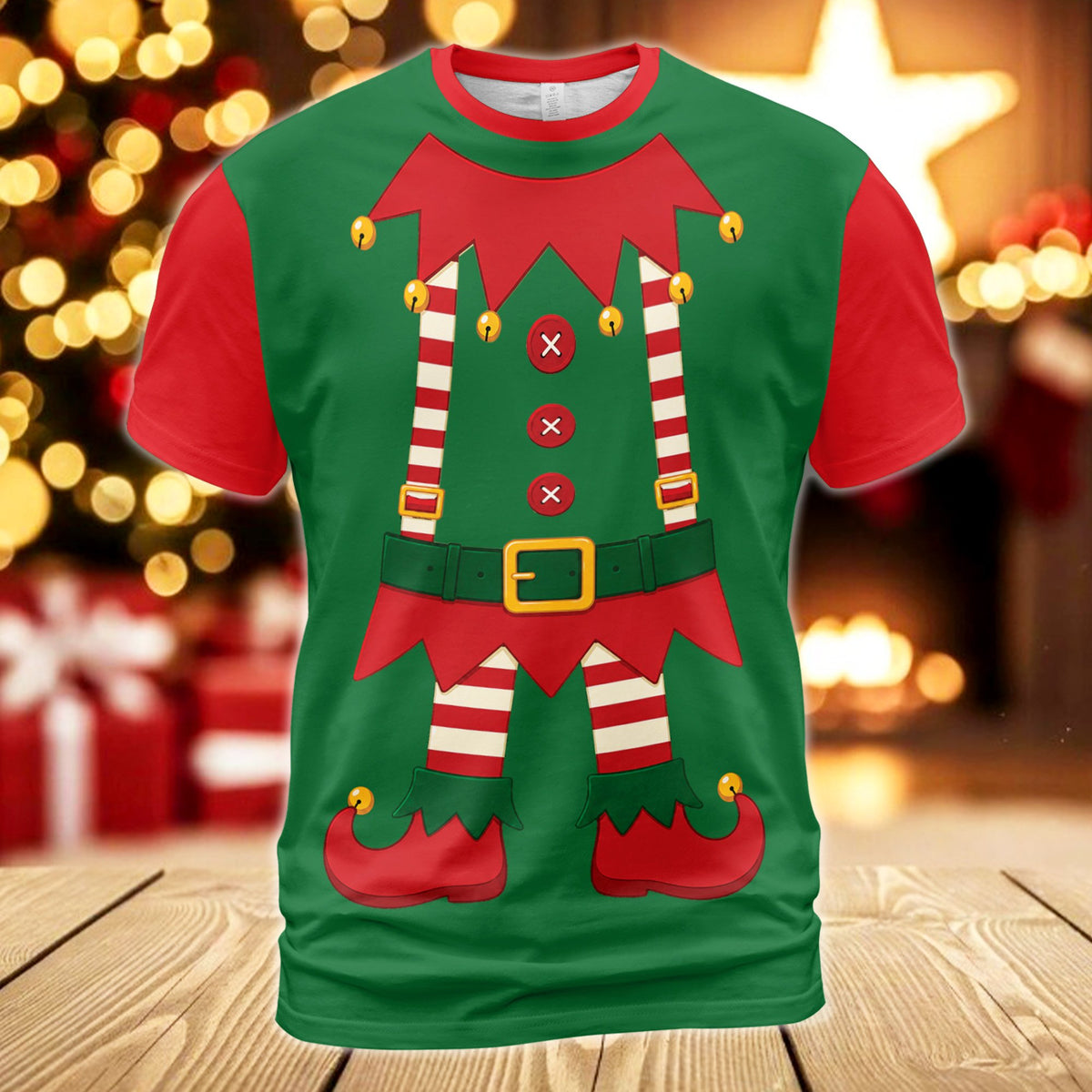 Another front view of the festive elf t-shirt