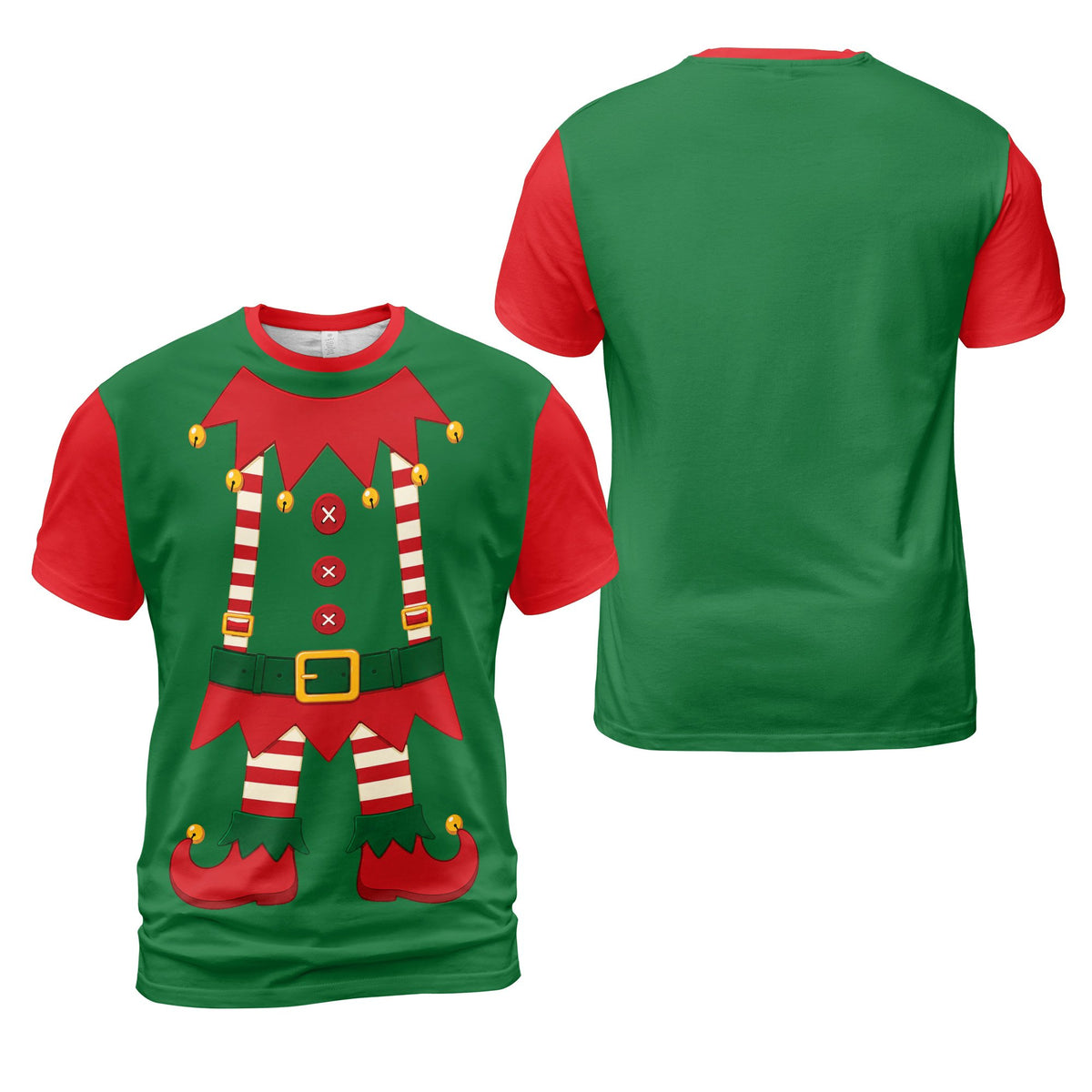 Close-up front view of the printed suspenders and belt on the t-shirt