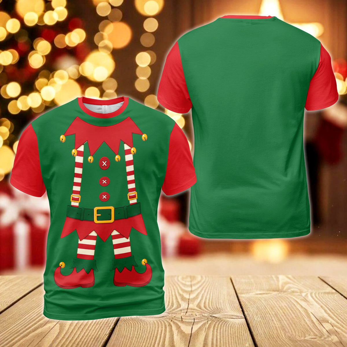 Front view of the elf costume matching family t-shirt