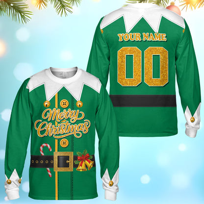 Front view of the green Christmas t-shirt on a flat surface