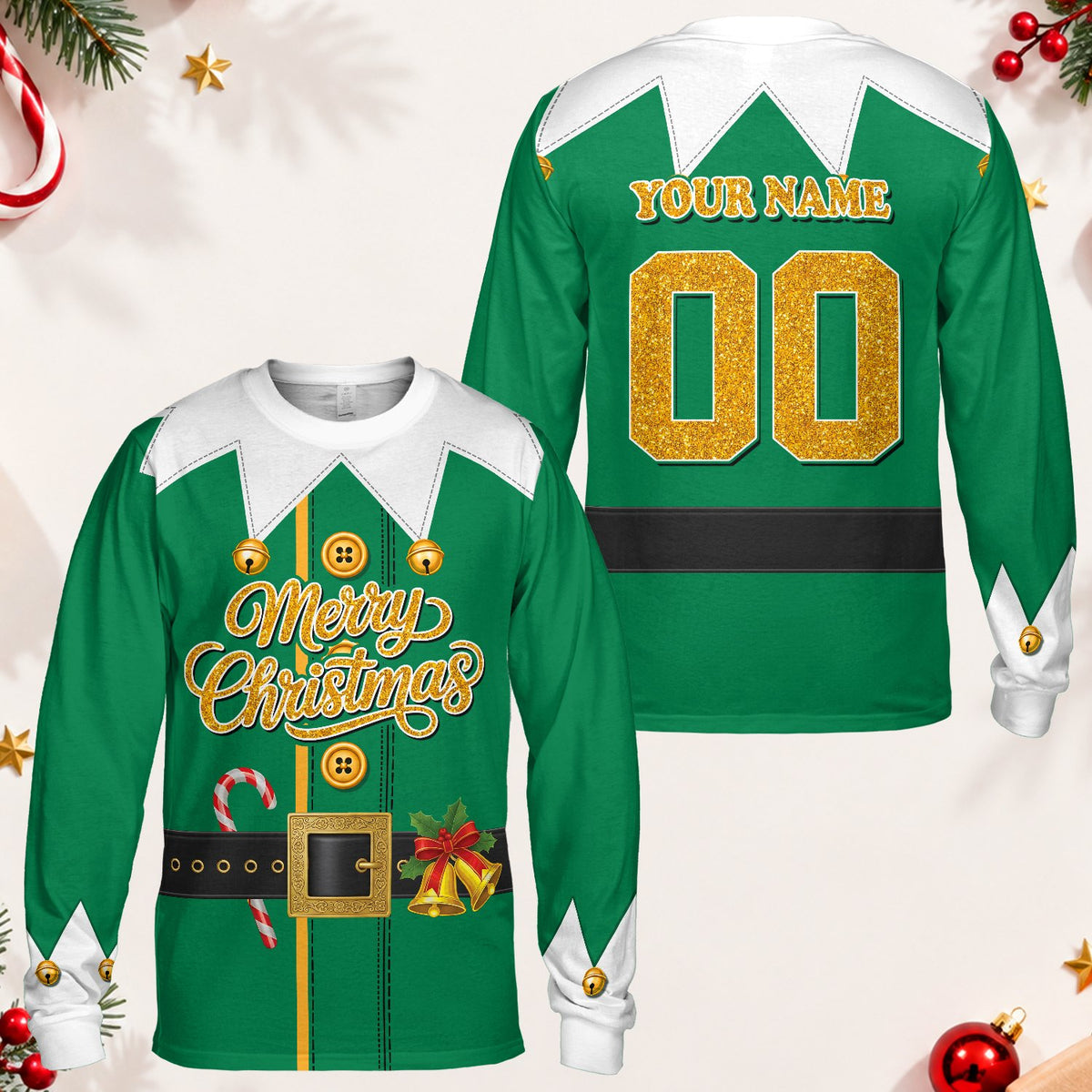 Main view of the green personalized t-shirt with Christmas elf front design