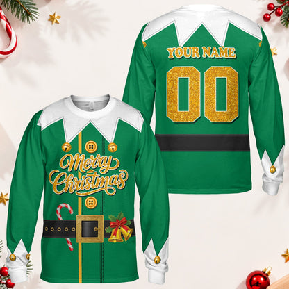 Main view of the green personalized t-shirt with Christmas elf front design