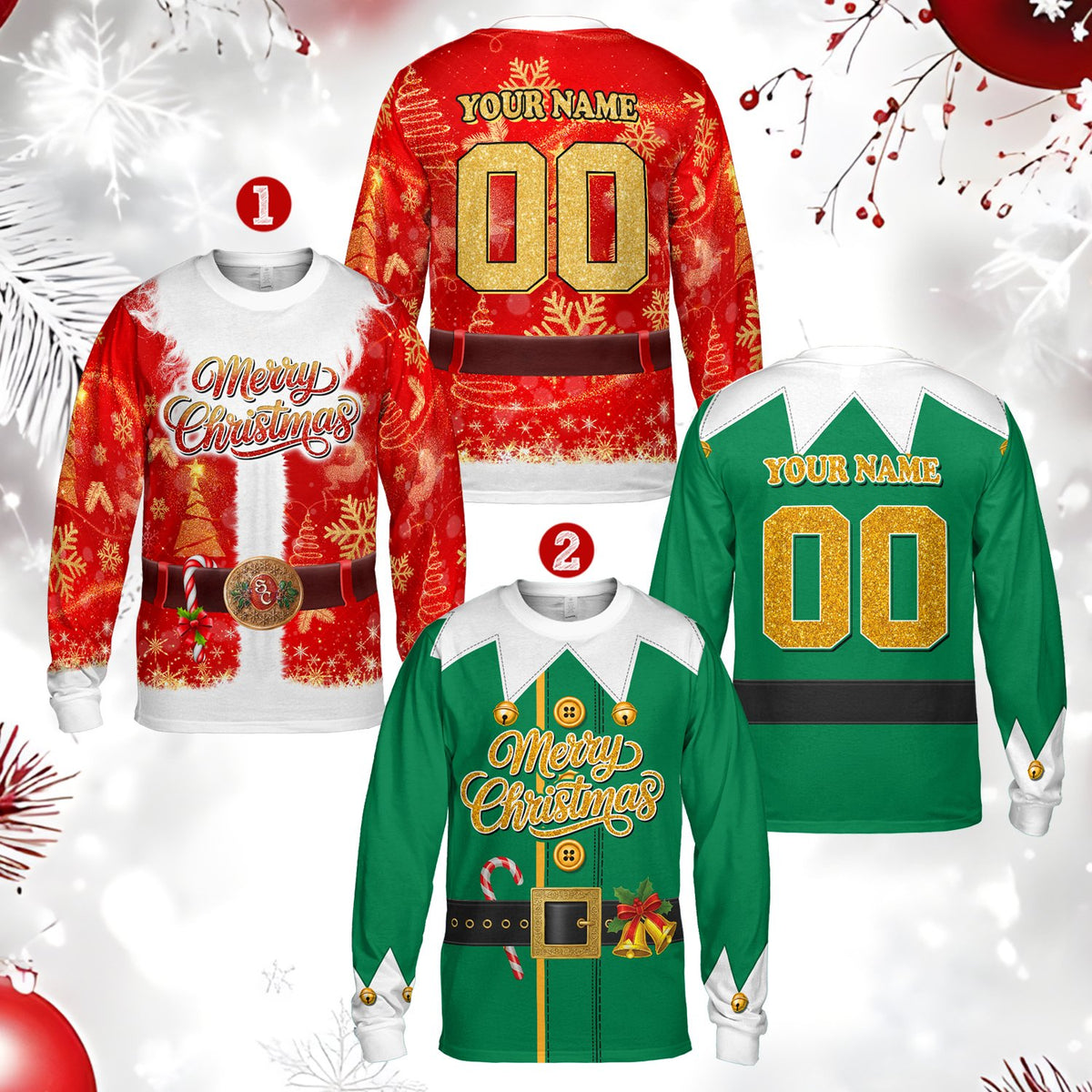 Front view of the holiday t-shirt showing printed belt and candy canes