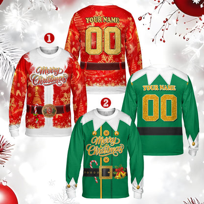 Front view of the holiday t-shirt showing printed belt and candy canes