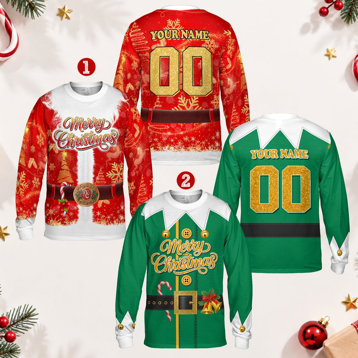 Front view of a multicolor Christmas elf costume t-shirt