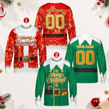 Front view of a multicolor Christmas elf costume t-shirt