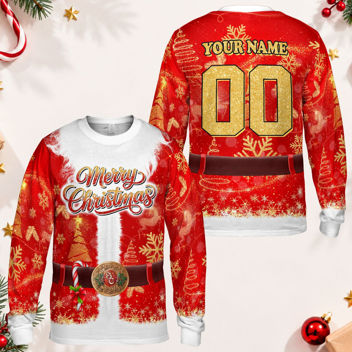 Front view of a red variant of the elf t-shirt
