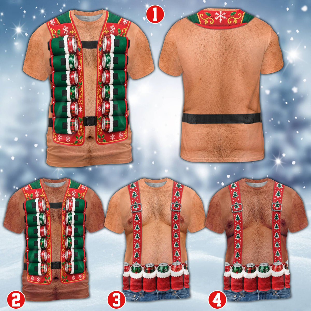 Front view of the hairy torso beige Christmas t-shirt with red suspenders