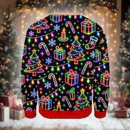 Another back view of the multicolor neon Christmas t-shirt