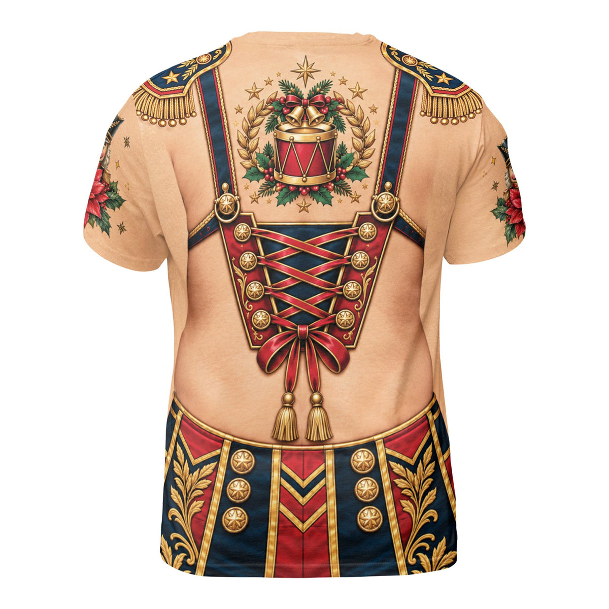 Multicolor novelty torso christmas t-shirt showing drum and bell graphic back view