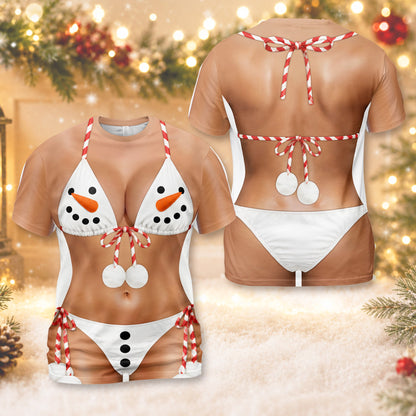 Back view of the snowman bikini illusion t-shirt showing the candy cane string design