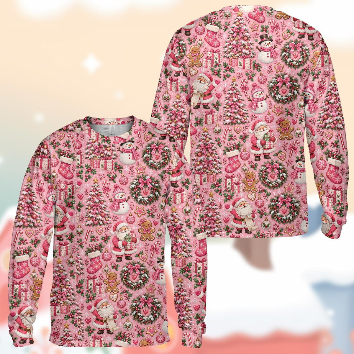 Multicolor and pink christmas t-shirt holiday pattern, front view