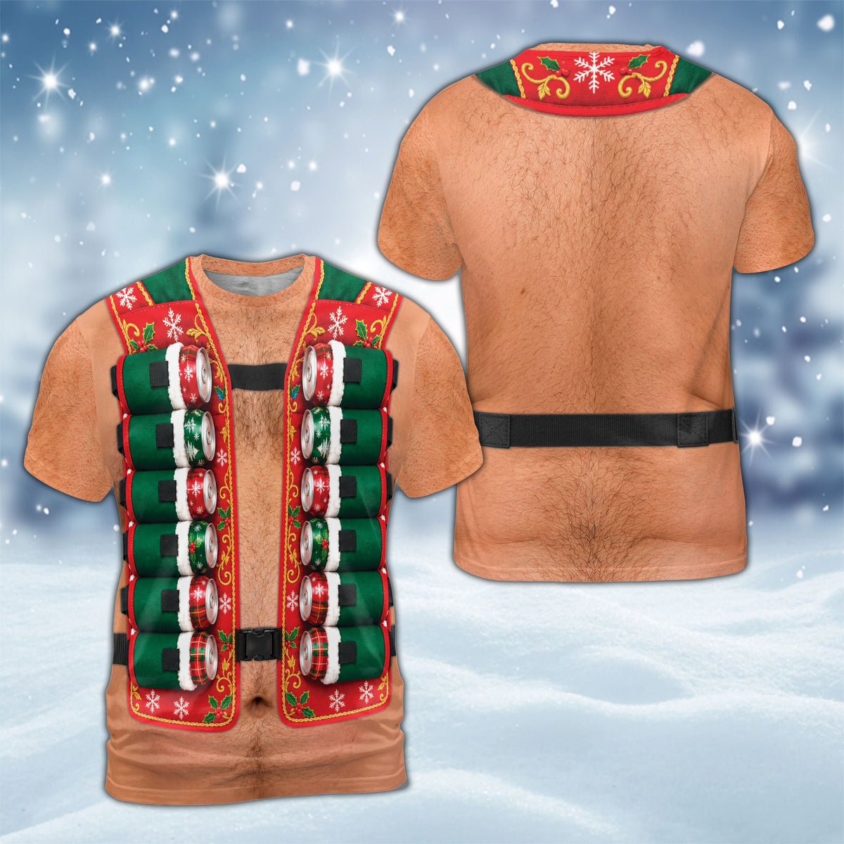 Hairy torso Christmas photo t-shirt showing festive beer vest design, front view