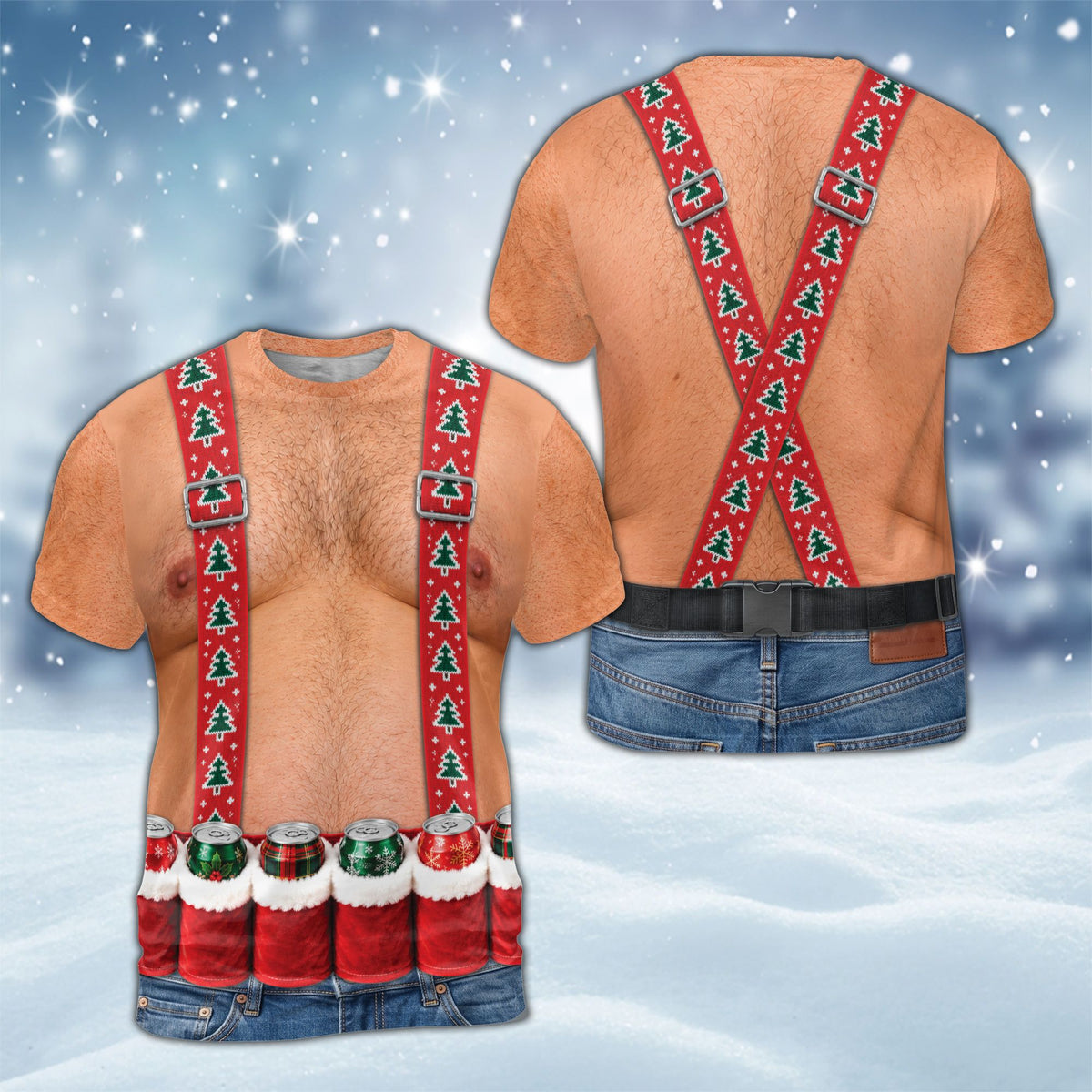 Close up of the festive beer koozie and vest printed on the photo t-shirt