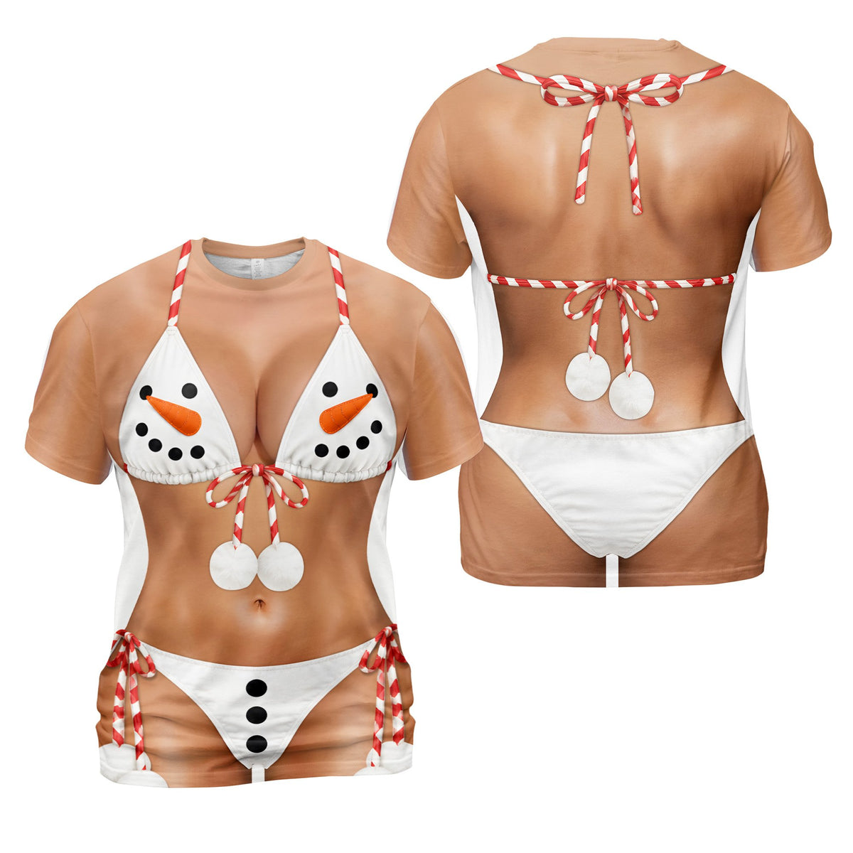 Front view of the funny snowman bikini illusion Christmas t-shirt in tan, white, and red