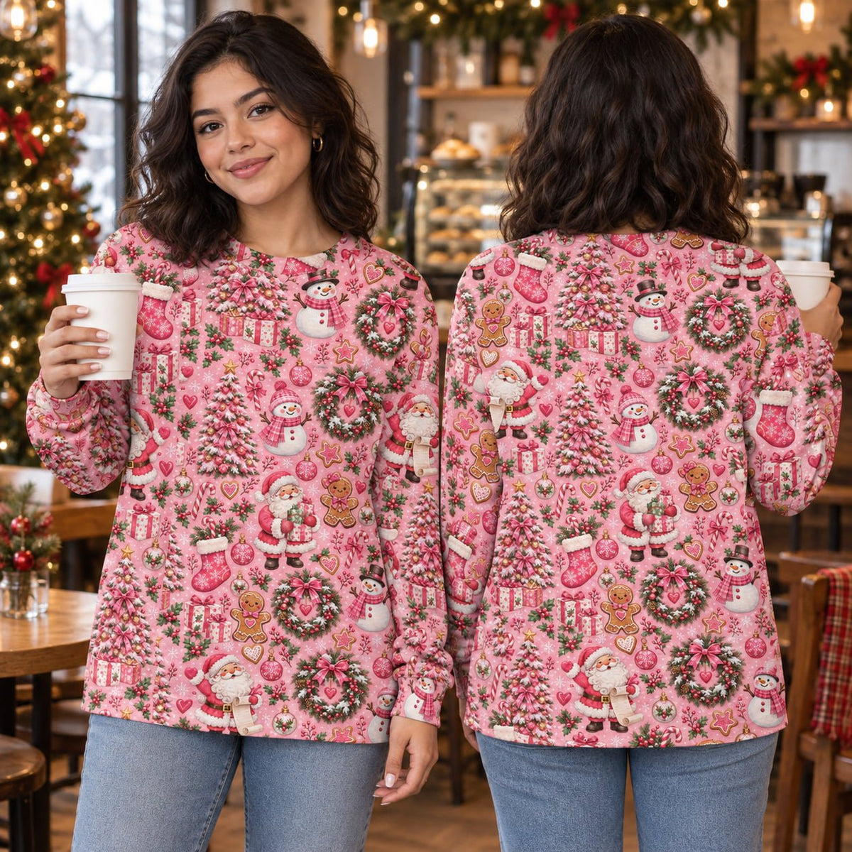 Pink t-shirt for christmas featuring Santa and snowmen pattern, front view