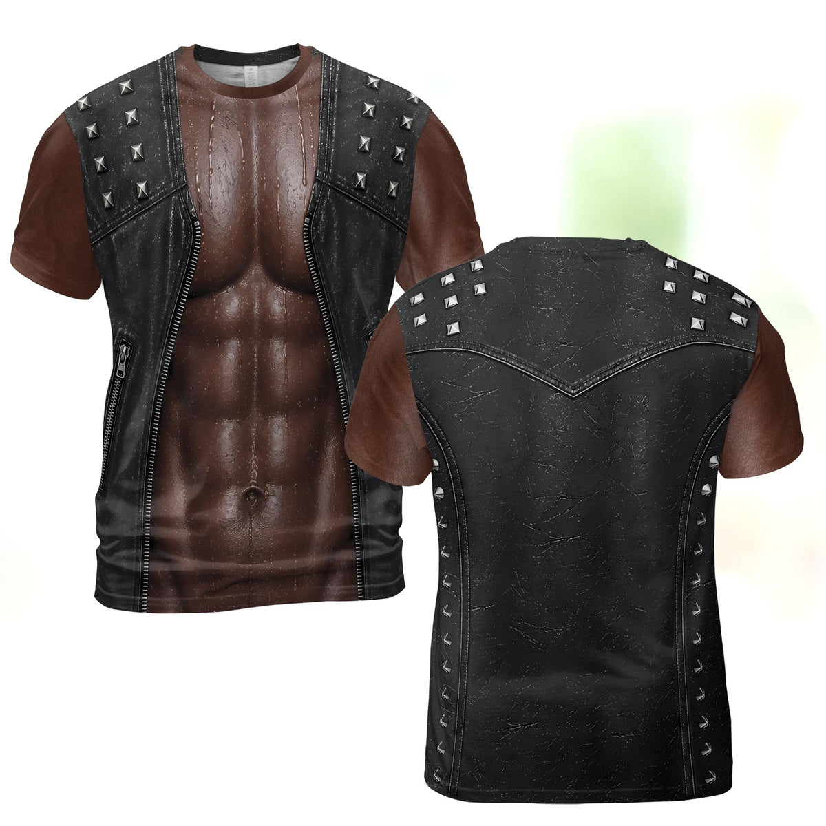 Alternative front view of the 3D leather vest illusion t-shirt