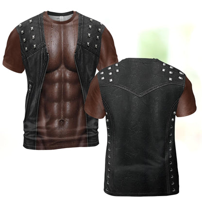 Alternative front view of the 3D leather vest illusion t-shirt